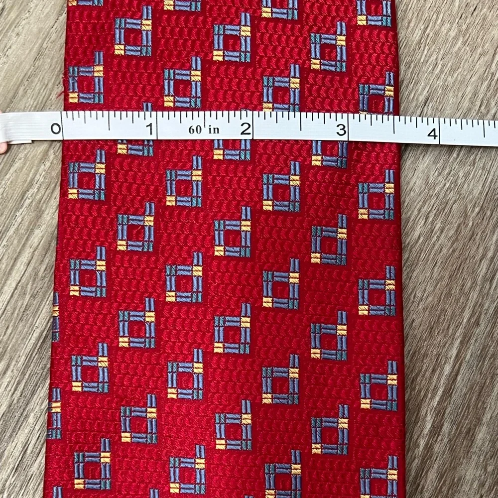 Daniel De Fasson Mens Colorful Preppy Geometric Red 100% Silk Tie Hand Made